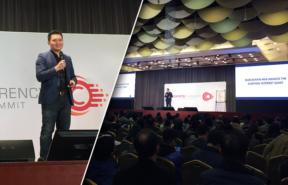 Two award-winning pictures of a man giving a presentation on digital marketing at a conference in Hong Kong.